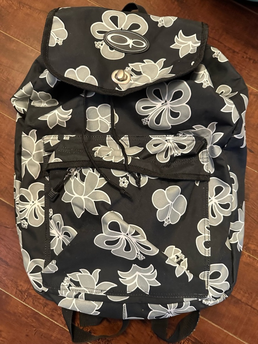 OP Black Backpack with Gray & White Floral Print L 18 W 15